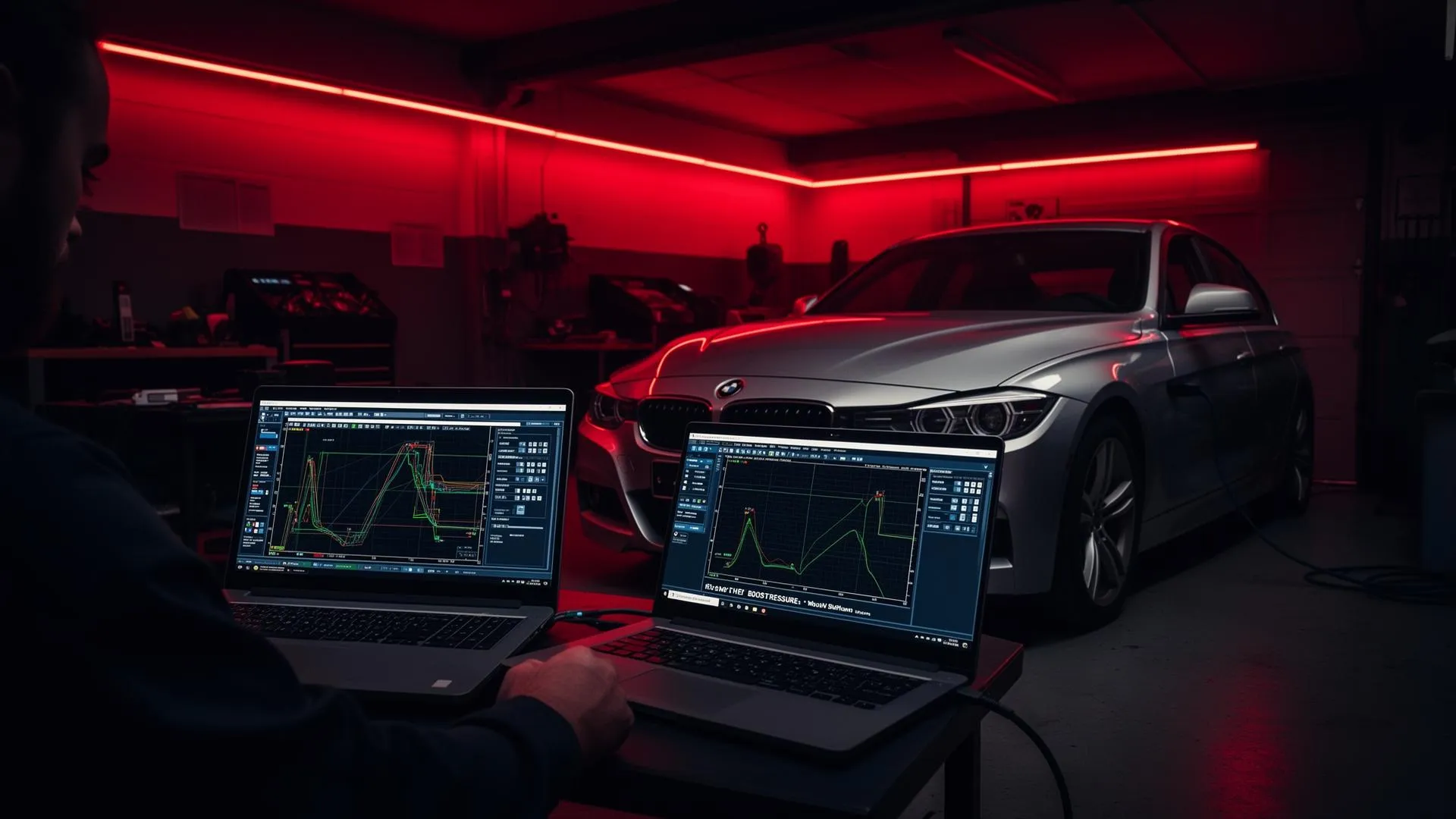 Dual laptop ECU tuning setup with BMW in red-lit garage